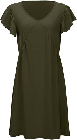 Summer Women's Casual Beach Dress Loose Fit Deep V Neck Mini Dress with Ruffled Sleeves T Shirt Casual Dresses in Saudi Arabia