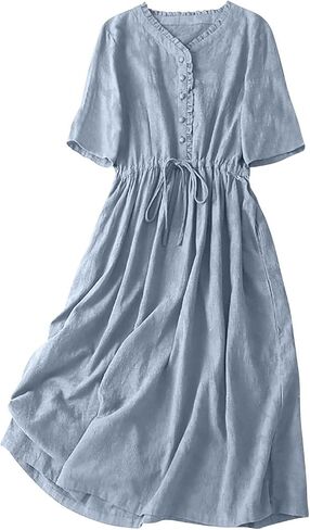 Womens Literary Loose Solid Color V Neck Five Point Sleeve Dress Casual Skirt Summer Dress Casual in Saudi Arabia