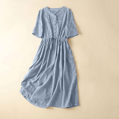 Womens Literary Loose Solid Color V Neck Five Point Sleeve Dress Casual Skirt Summer Dress Casual in Saudi Arabia