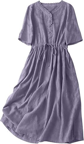 Womens Literary Loose Solid Color V Neck Five Point Sleeve Dress Casual Skirt Summer Dress Casual in Saudi Arabia