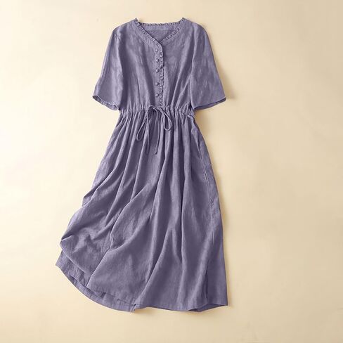 Womens Literary Loose Solid Color V Neck Five Point Sleeve Dress Casual Skirt Summer Dress Casual in Saudi Arabia