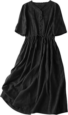 Womens Literary Loose Solid Color V Neck Five Point Sleeve Dress Casual Skirt Summer Dress Casual in Saudi Arabia