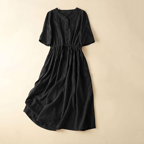 Womens Literary Loose Solid Color V Neck Five Point Sleeve Dress Casual Skirt Summer Dress Casual in Saudi Arabia
