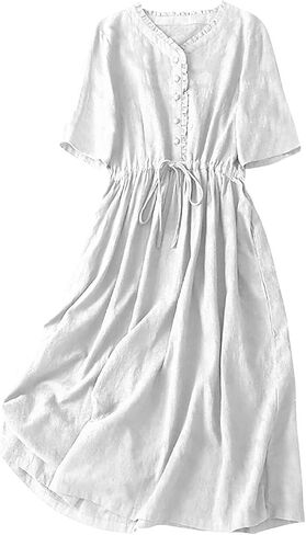 Womens Literary Loose Solid Color V Neck Five Point Sleeve Dress Casual Skirt Summer Dress Casual in Saudi Arabia