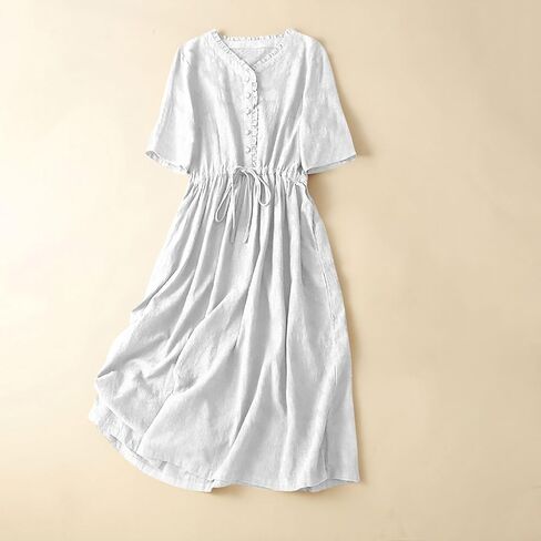 Womens Literary Loose Solid Color V Neck Five Point Sleeve Dress Casual Skirt Summer Dress Casual in Saudi Arabia