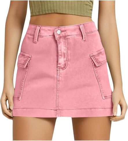 Women's Jean Skirt High Waisted Stretch Casual Summer Mini Skort Trendy Low Waist Cargo Denim Skirts with Pockets in Kuwait