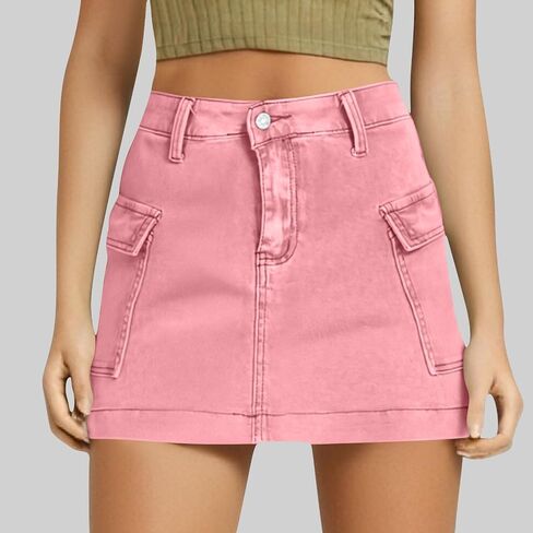 Women's Jean Skirt High Waisted Stretch Casual Summer Mini Skort Trendy Low Waist Cargo Denim Skirts with Pockets in Kuwait