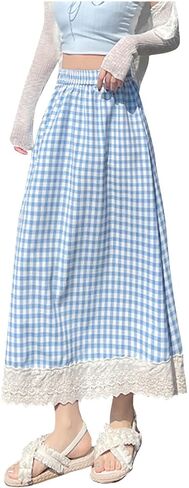 Gingham Long Skirts for Women Lace Lolita Maxi Plaid Skirt A Line High Waist Summer Casual Trendy Cute Skirts in Kuwait