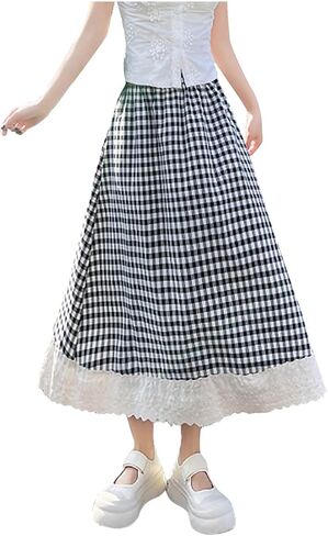 Gingham Long Skirts for Women Lace Lolita Maxi Plaid Skirt A Line High Waist Summer Casual Trendy Cute Skirts in Kuwait