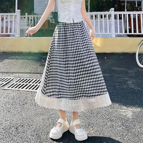 Gingham Long Skirts for Women Lace Lolita Maxi Plaid Skirt A Line High Waist Summer Casual Trendy Cute Skirts in Kuwait
