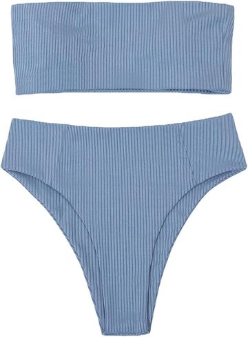 JEsilunmaMY Strapless Bikini Sets for Women Solid Color High Waist Bandeau Swimsuits 2 Piece Wrap Ribbed Bathing Suit in Saudi Arabia