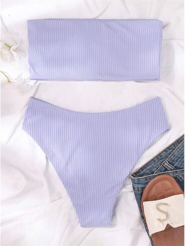 JEsilunmaMY Strapless Bikini Sets for Women Solid Color High Waist Bandeau Swimsuits 2 Piece Wrap Ribbed Bathing Suit in Saudi Arabia