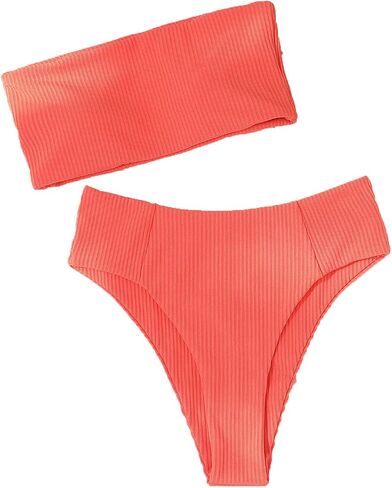 JEsilunmaMY Strapless Bikini Sets for Women Solid Color High Waist Bandeau Swimsuits 2 Piece Wrap Ribbed Bathing Suit in Saudi Arabia