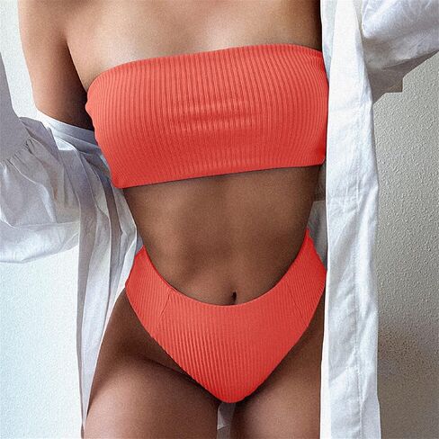 JEsilunmaMY Strapless Bikini Sets for Women Solid Color High Waist Bandeau Swimsuits 2 Piece Wrap Ribbed Bathing Suit in Saudi Arabia