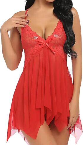 Sexy Lingerie Women Lace Babydolls Chemise Set Sheer Floral Lace Split Hem Nightgown Mesh Panties Babydoll in Kuwait