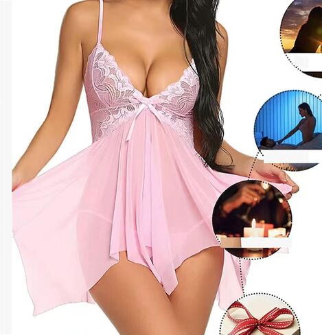 Sexy Lingerie Women Lace Babydolls Chemise Set Sheer Floral Lace Split Hem Nightgown Mesh Panties Babydoll in Kuwait