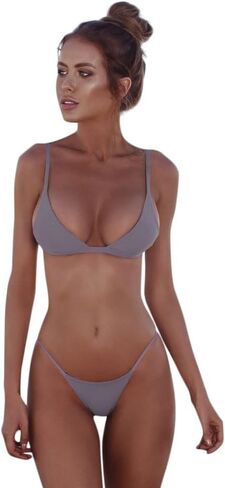 Womens Solid Color Thong Bikini Set Spaghetti Strap Sexy Bathing Swimwear Cheeky Triangle Bikini Halter Swimsuits in Saudi Arabia