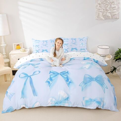 Watercolor Bow Bedding Set Toddler Size Kids Heart-Shaped Comforter Cover for Boys Girls Teens Girls Bow Duvet Cover Breathable Soft Lightweight Microfiber Grid Room Decor Bedclothes in Saudi Arabia