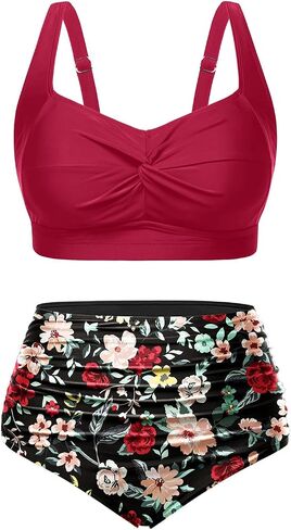 Tempt Me Women Two Piece Plus Size High Waisted Bikini Set Tummy Control Swimsuit Ruched Bathing Suits Black 16 Plus in Saudi Arabia