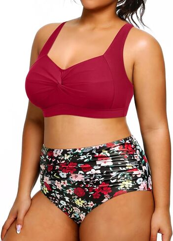 Tempt Me Women Two Piece Plus Size High Waisted Bikini Set Tummy Control Swimsuit Ruched Bathing Suits Black 16 Plus in Saudi Arabia