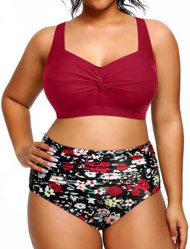 Tempt Me Women Two Piece Plus Size High Waisted Bikini Set Tummy Control Swimsuit Ruched Bathing Suits Black 16 Plus in Saudi Arabia