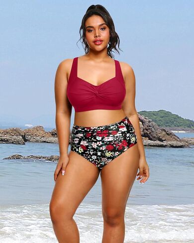 Tempt Me Women Two Piece Plus Size High Waisted Bikini Set Tummy Control Swimsuit Ruched Bathing Suits Black 16 Plus in Saudi Arabia