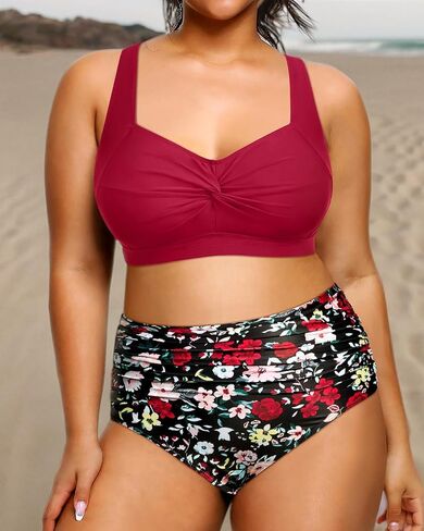 Tempt Me Women Two Piece Plus Size High Waisted Bikini Set Tummy Control Swimsuit Ruched Bathing Suits Black 16 Plus in Saudi Arabia