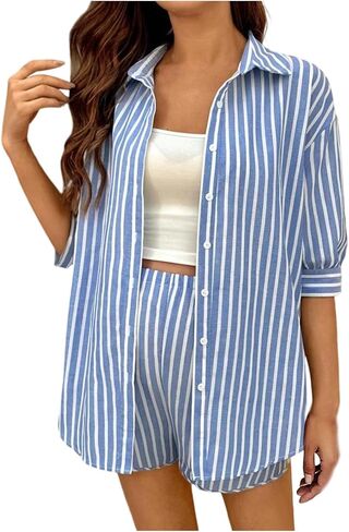 HGPS8W الأمومة نساء الصيف 2 قطعة مجموعات زر طويل الأكمام طويلة أسفل القمصان مطابقة السراويل القصيرة شاطئ العطلات in Kuwait