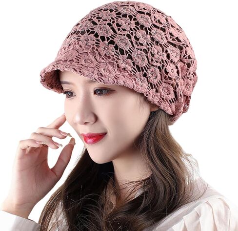 Women's Summer Cutout Crochet Hat Rhinestone Floral Slouchy Visor Brim Knit Skull Cap in Saudi Arabia