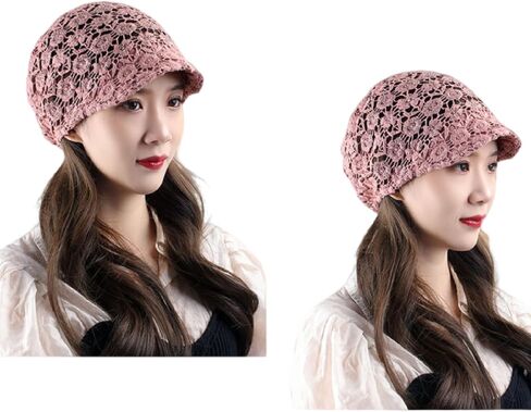 Women's Summer Cutout Crochet Hat Rhinestone Floral Slouchy Visor Brim Knit Skull Cap in Saudi Arabia