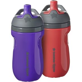 Tommee Tippee Insulated Sporty Bottle, 9oz, No Spill Toddler Water Bottle For 12 months +, Two-Piece Valve Helps Stop Spills, Pack of 2, Light Blue and Orange