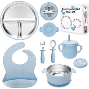 Stainless Steel Kids Plates and Bowls Set with Suction, Divided Baby Plate and Toddler Bowl with Removable Silicone Suction,Stainless Steel Weaning Bundle, Silicone Baby Feeding Set (Pink)