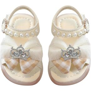BILIKEYU Toddler Little Girls Bow Rhinestones Princess Flat Sandals Open Toe Pearls Ankle Strap Comfy Summer Beach Shoes