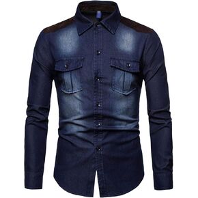 Maiyifu-GJ Men's Patchwork Casual Denim Shirt Regular Fit Button Down Jean Shirts Slim Fit Long Sleeve Western Shirts