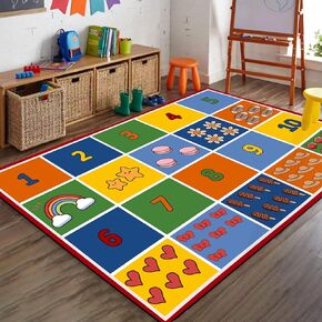 Hopscotch Rug for Kids, 5x6ft, Colored Star Pencil Toddler Play Mat, Non-Shedding Pet Friendly Low Pile Rugs, Dirty Resistant Foldable Non Slip Carpets for Indoor Nursery Floor
