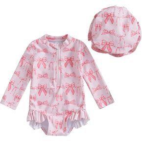 Toddler Baby Girls Swimsuit Floral Bow Print Swimwear Long Sleeve Zipper Beach Bathing Suit Summer Rash Guard Sunsuit