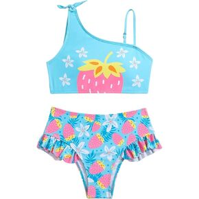 Toddler Girls Swimsuit 2 Piece Bathing Suits Ruffle One Shoulder Beach Swimwear Cute Kids Long Sleeve Bathing Suit
