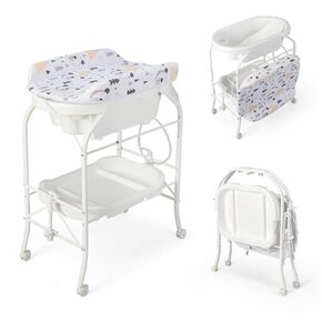HONEY JOY Baby Changing Table with Bathtub, Foldable Infant Diaper Changing Station with Wheels, Storage Tray, Waterproof Pad, Portable Newborn Nursery Organizer Bath Stand for Boys Girls (Blue)