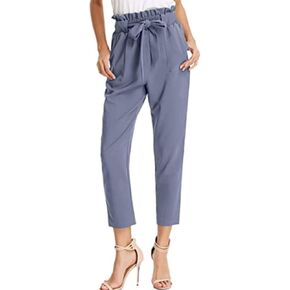 Maiyifu-GJ Women's High Waist Paper Bag Pants Solid Self Tie Belted Pencil Trouser Casual Drawstring Long Pants with Pocket