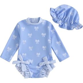 Baby Ruffles Trims Swimsuit for Girls Bow Print Long Sleeve Rash Guard Sun Hat Bathing Suit Summer Beach Swimwear