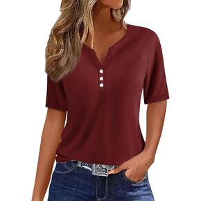 قمم الصيف للسيدات Henley v Neck Button أسفل القمصان قصيرة الأكمام بلوزات أرجل 2025 Tops Pullover Cloths ، S-3XL