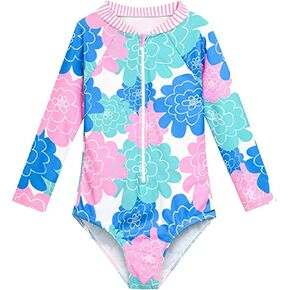 Baby Toddler Girls Swimsuit Rash Guard Long Sleeve Zipper Floral Bathing Suits UPF 50+ Sun Kids Summer Swimsuit