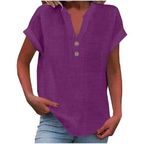 Linen Shirts for Women V Neck Button Down Blouse Short Sleeve Office Work Tops Vintage Vacation Tees Blouse Tops