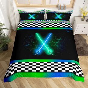 Lightsaber Duvet Cover Set Toddler Size,Geometric Honeycomb Hexagon Light Saber Sword Bedding Set,Girls Women Room Decor,Checkered Lattice Comforter Cover,Blue Pink Quilt Cover,1 Pillowcase(No Filler)