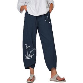 Maiyifu-GJ Women's Cotton Linen Loose Pants Summer Casual Baggy Lounge Pants Elastic Waist Lightweight Wide Leg Trousers
