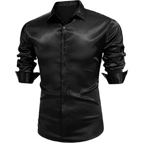 Maiyifu-GJ Mens Metallic Disco Shiny Dress Shirt Long Sleeve Button Down Nightclub Party Shirts Luxury Satin Slim Prom Shirt