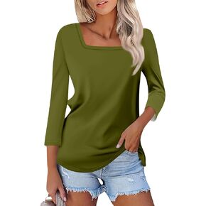 3/4 Length Sleeve Womens Tops Square Neck Casual Cute Shirts Three Quarter Length Dressy Blouses Workout Tunic Tops