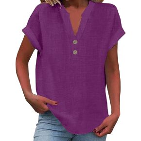Linen Shirts for Women 2025 Summer Casual Button V Neck Short Sleeve Tops Comfy Trendy Business Work Blouses, S-2XL