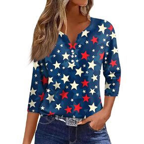Womens Red White and Blue Shirts USA Flag 3/4 Sleeve V Neck Buttons Tops Blouse Pullover Summer Basic Tee Shirts