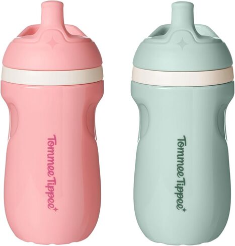 Tommee Tippee Insulated Sporty Bottle, 9oz, No Spill Toddler Water Bottle For 12 months +, Two-Piece Valve Helps Stop Spills, Pack of 2, Light Blue and Orange in Kuwait